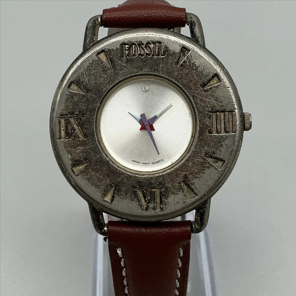 Vintage Fossil Club Fossil Mens Watch 36mm Silver Tone Brown Leather New Battery